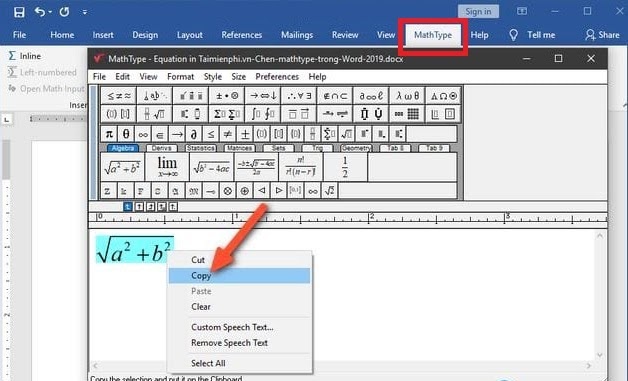cach chen mathtype vao van ban trong word 2019 8