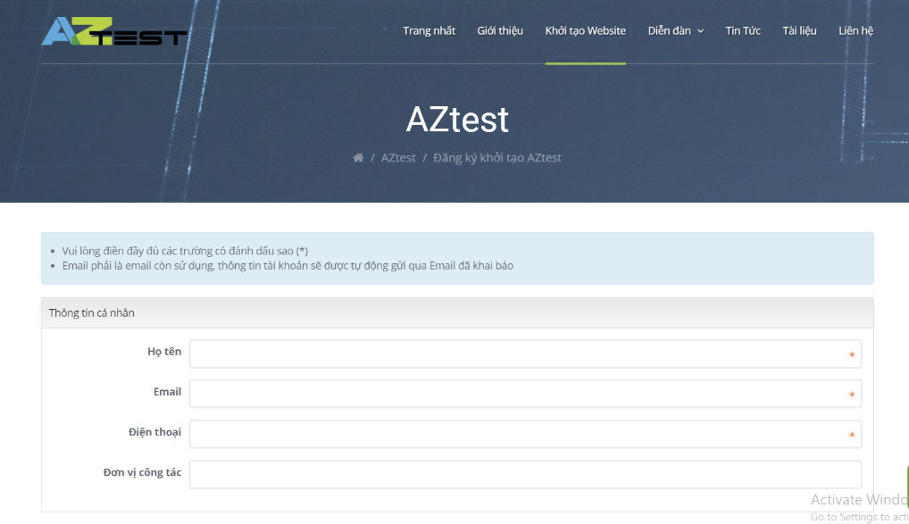 Giao diện đăng ký của AZTEST