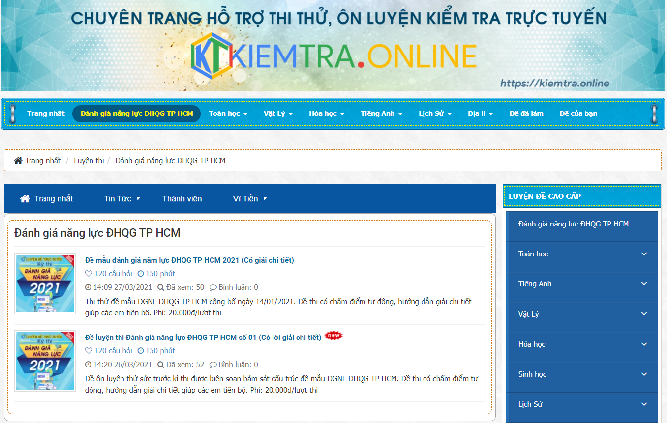 giao diện website kiểm tra online
